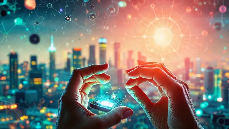 Nanotecnología y dispositivos brillantes en ciudad futurista