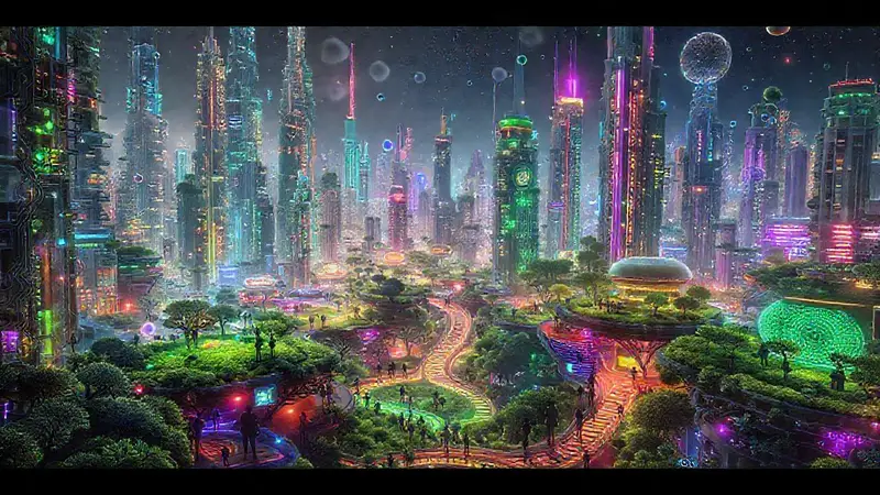 Ciudad futurista con tecnología y naturaleza integrada