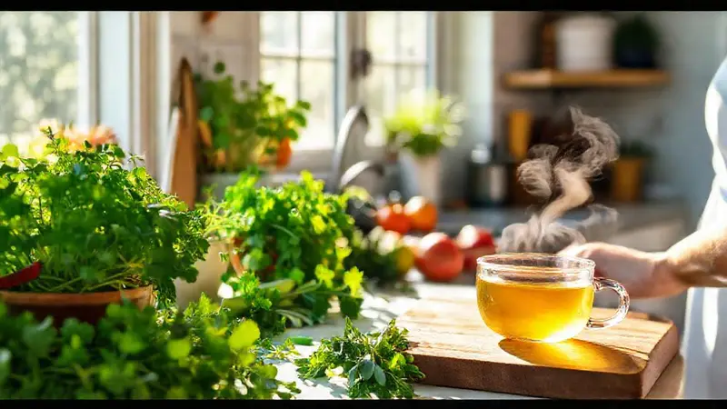 Cocina tranquila con ingredientes frescos y luz
