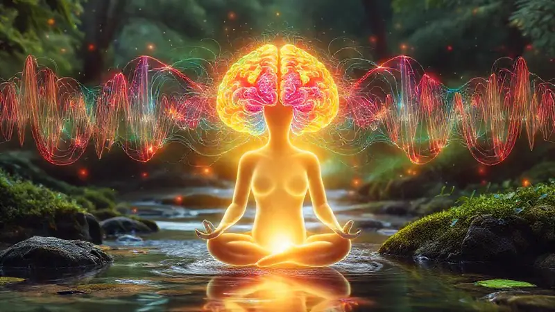 Ondas cerebrales y figura meditativa en armonía