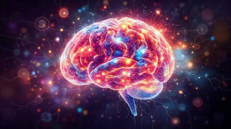 Cerebro humano ilustrado con conexiones neuronales vibrantes