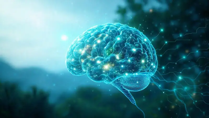 Cerebro digital fusionado con naturaleza serena