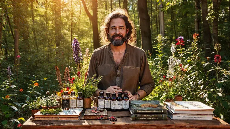 Herbolario en un bosque con plantas medicinales