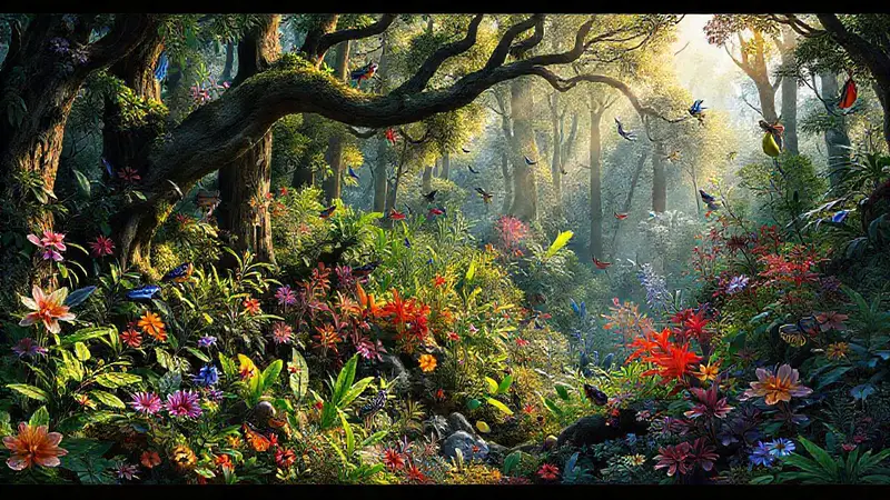 Bosque vibrante con fauna y flora diversa