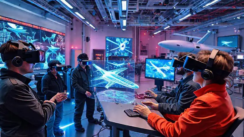 Ingenieros colaboran en un entorno tecnológico futurista