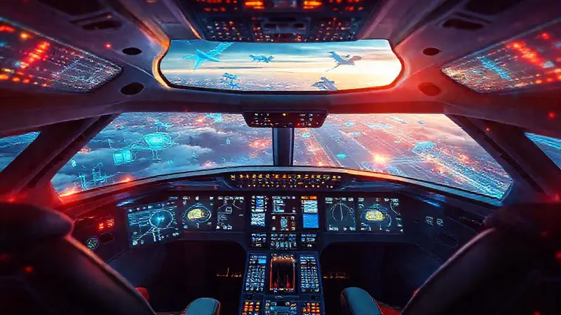 Cabina futurista con tecnología de aviación avanzada