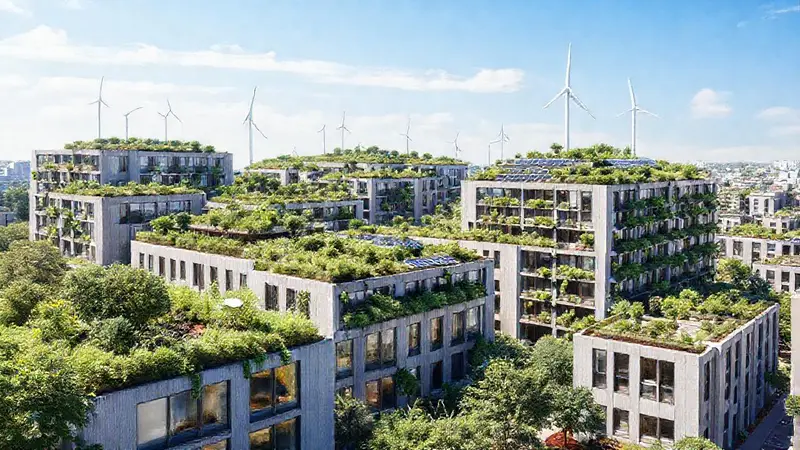 Edificios sostenibles con naturaleza y tecnología innovadora