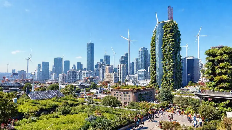 Ciudad futurista con eco-sostenibilidad y convivencia