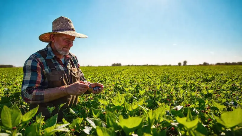 Un agricultor cuida un campo sostenible y vibrante