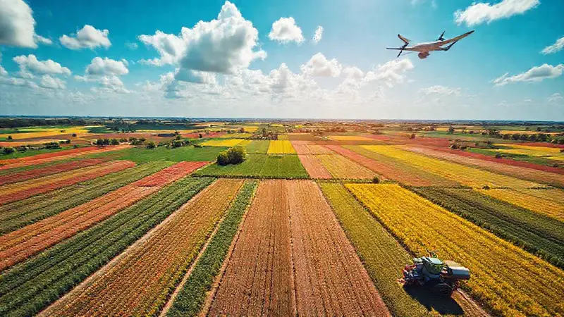Vista aérea de campos agrícolas con tecnología