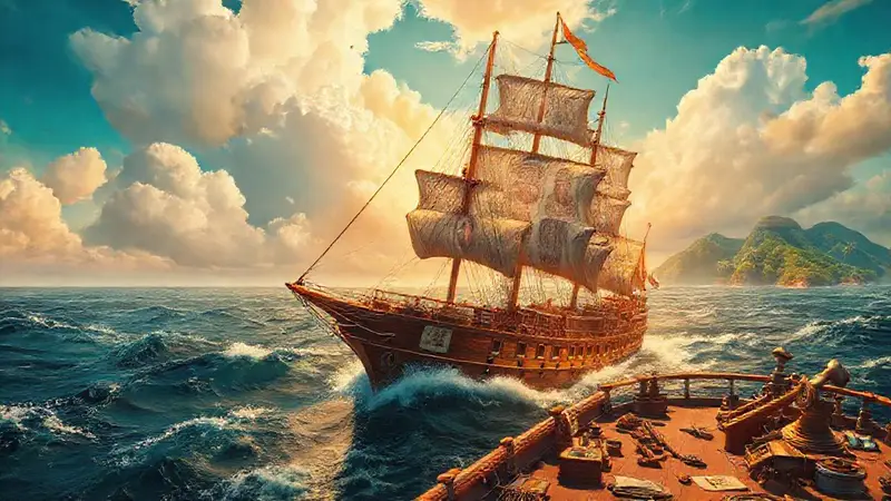 Barco antiguo navega mares turbulentos en aventura