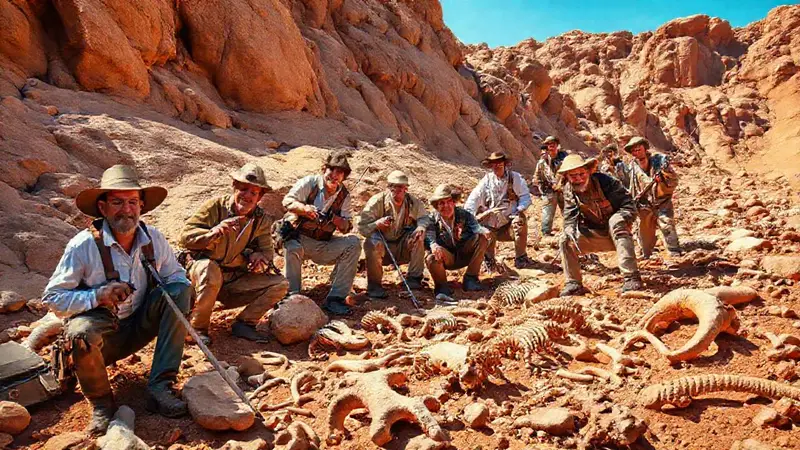 Paleontólogos excavando fósiles en paisaje vibrante