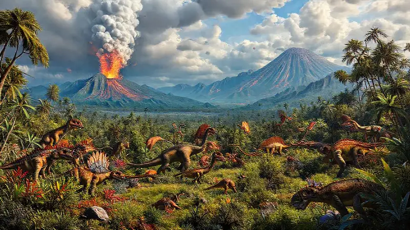 Paisaje prehistórico de dinosaurios y volcanes