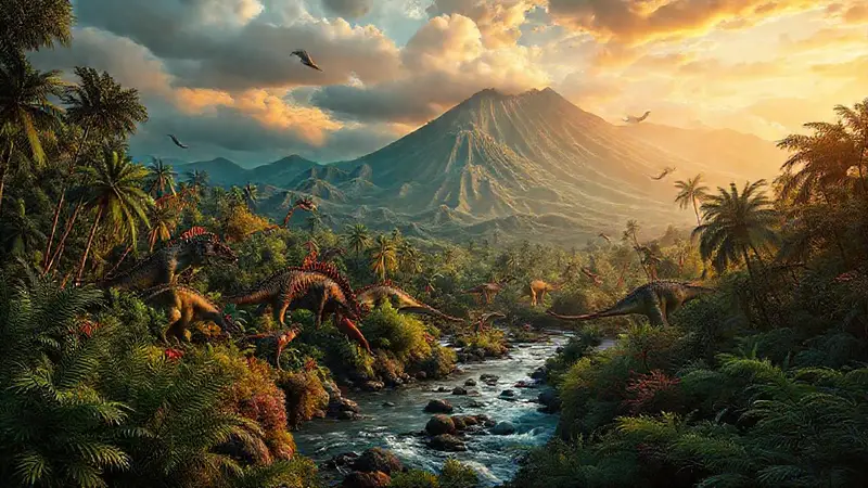 Paisaje prehistórico con dinosaurios y volcanes