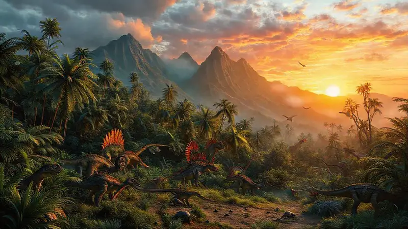 Paisaje prehistórico lleno de dinosaurios y naturaleza