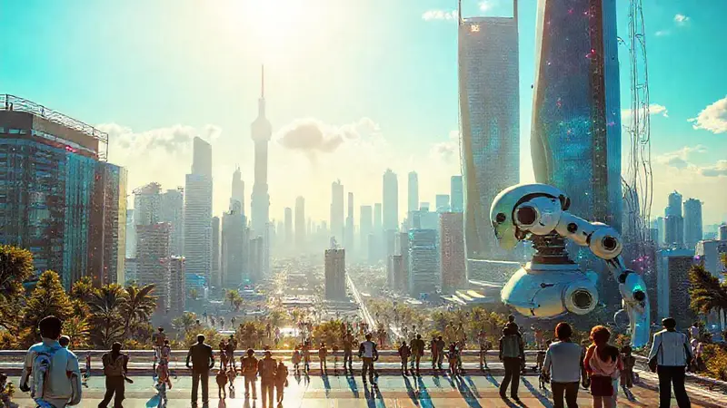 Ciudad futurista con humanos y robots integrados