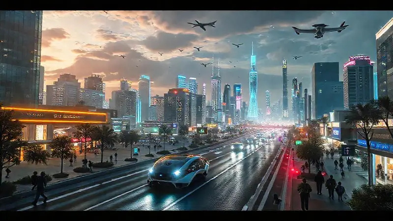 Ciudad futurista con tecnología integrada y dinámica
