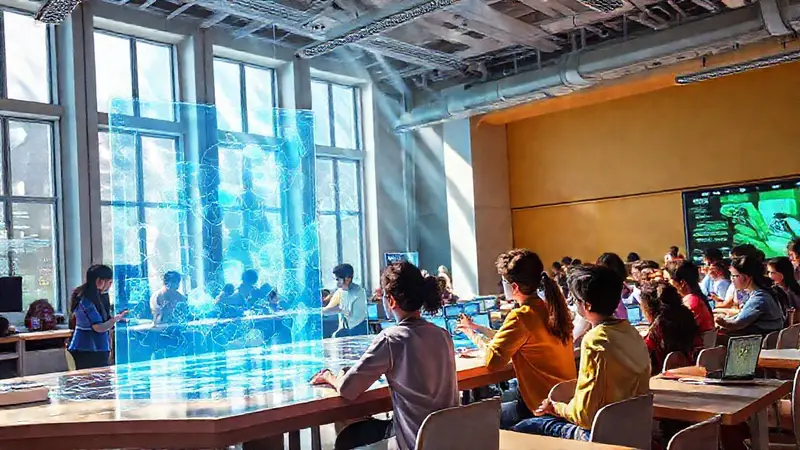 Aula futurista con aprendizaje interactivo y colaborativo