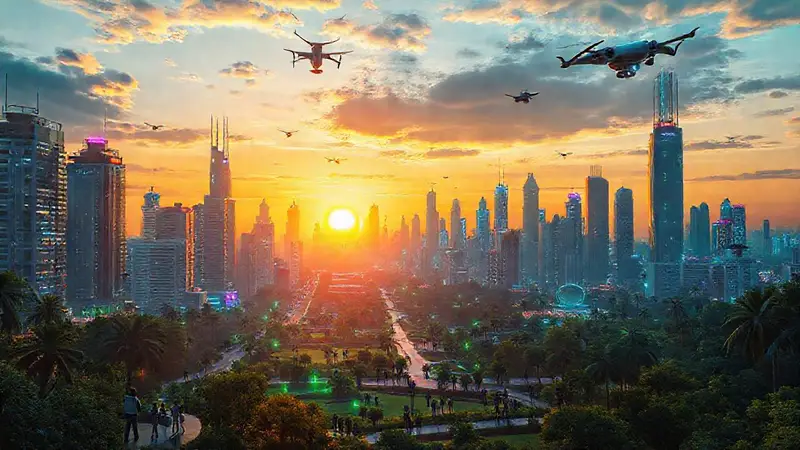 Ciudad futurista con tecnología y naturaleza en armonía