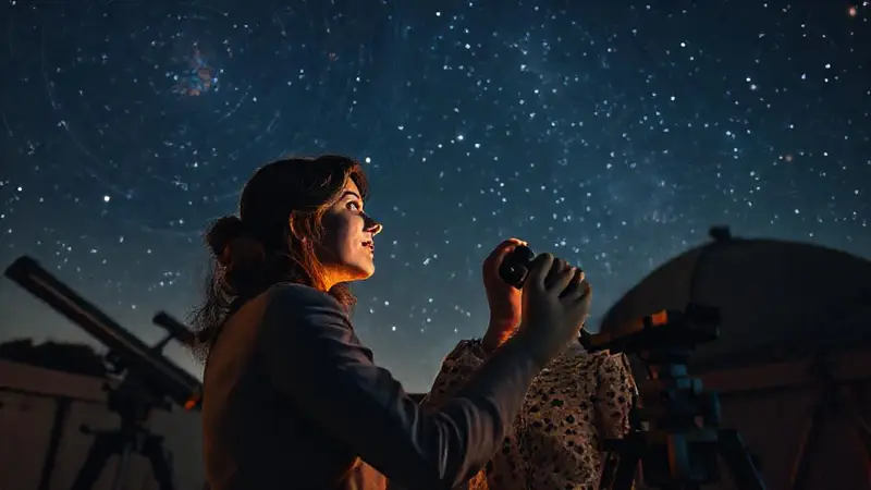 Astrónoma inspiradora estudia estrellas en observatorio vintage