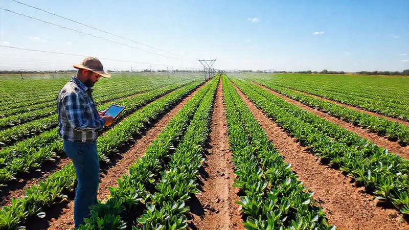 Campo irrigado con cultivos y tecnología moderna