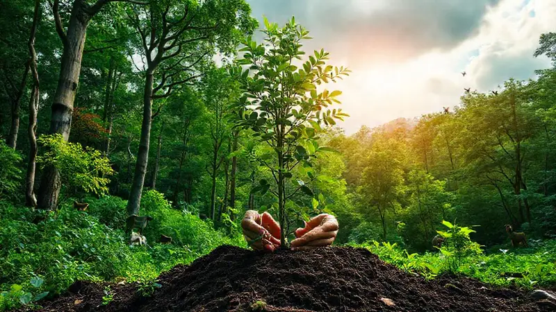 Bosque verde con siembra y vida animal