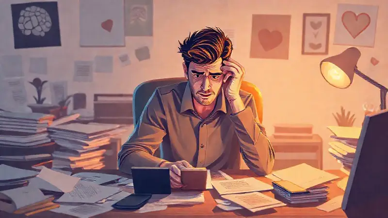 Persona estresada en un escritorio desordenado