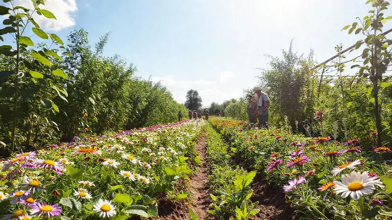 Granja agroecológica vibrante con cultivos diversos