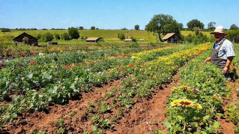 Finca agroecológica vibrante con cultivos diversos