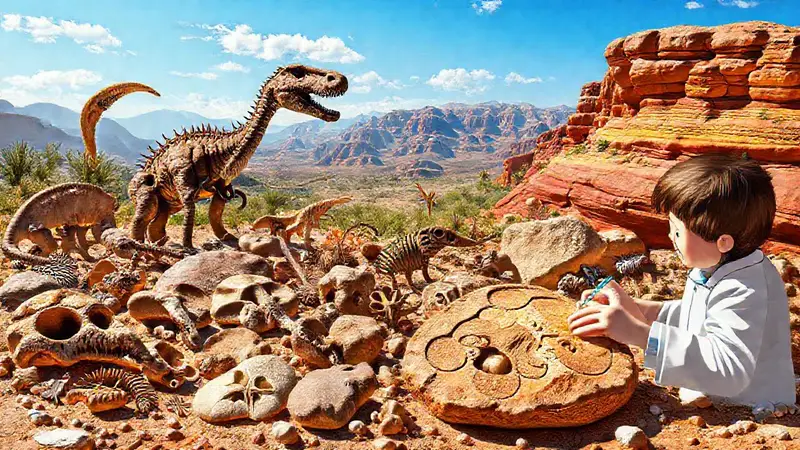 Fósiles diversos en un paisaje prehistórico