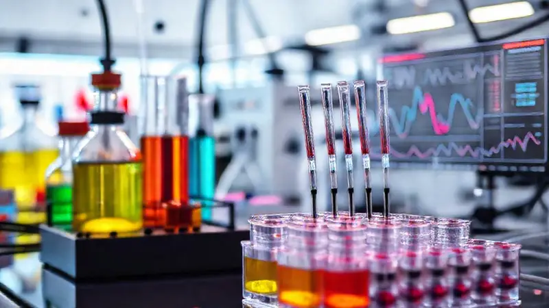 Laboratorio moderno con celdas electroquímicas y gráficos