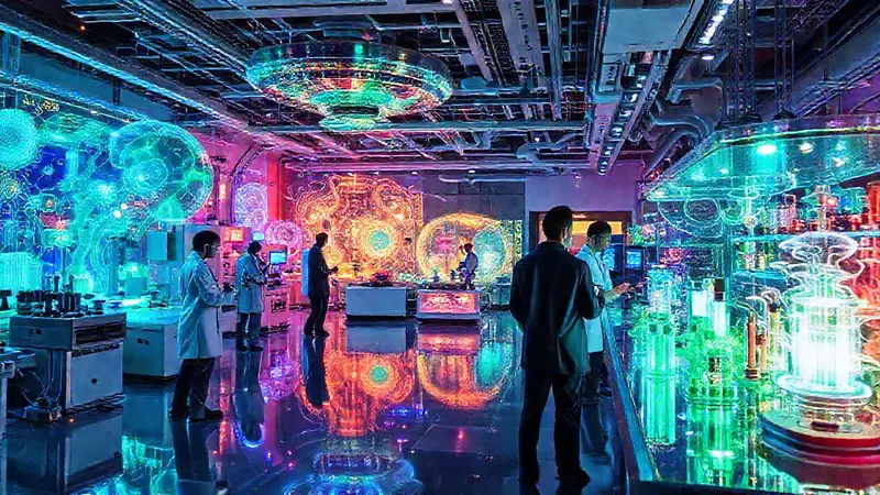 Laboratorio futurista con tecnología y colaboración