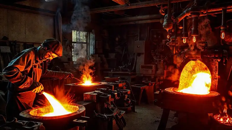 Metalurgistas trabajando con metal fundido y herramientas