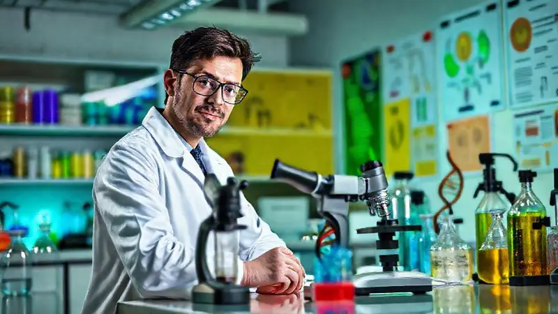 Científico en laboratorio con proyectos innovadores