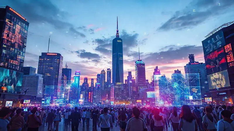 Ciudad futurista con realidad aumentada y hologramas