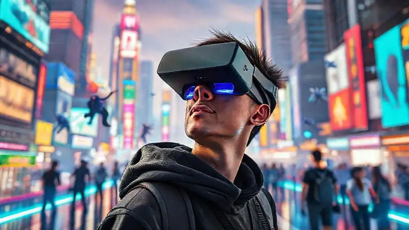 Persona con gafas AR en una ciudad vibrante
