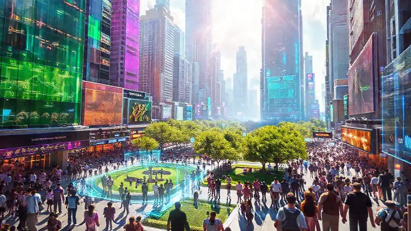 Ciudad futurista con realidad aumentada y parques