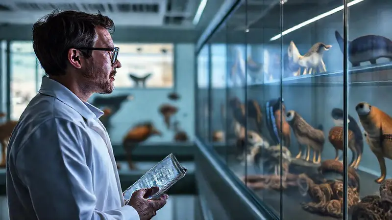 Investigador observa animales en laboratorio moderno