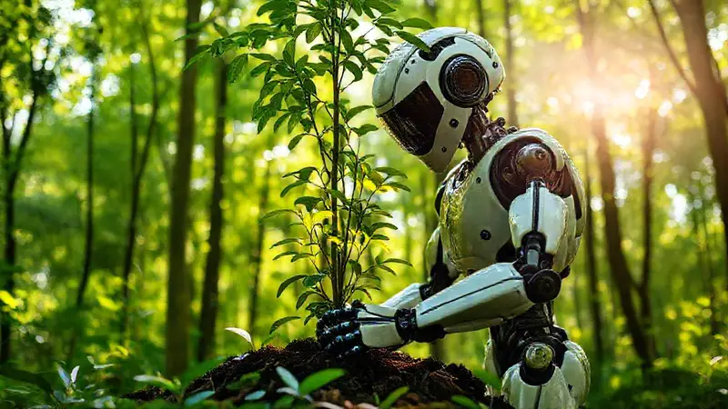 Robot futurista plantando árboles en un bosque