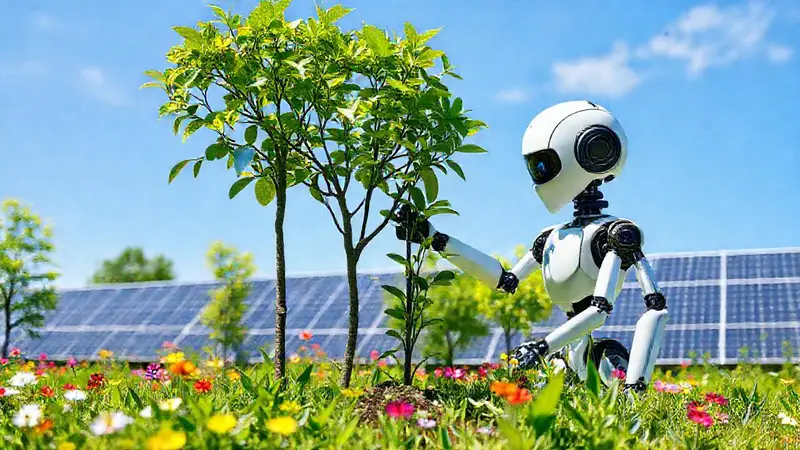 Robot planta árboles en un entorno sostenible