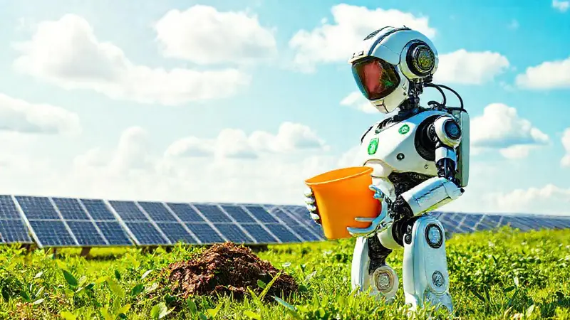 Robot futurista reciclando desechos en paisaje verde