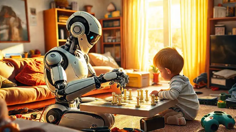 Robot juega ajedrez con niño en casa