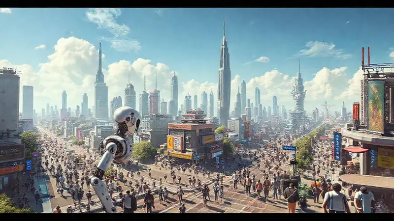 Ciudad futurista con robots y tecnología avanzada