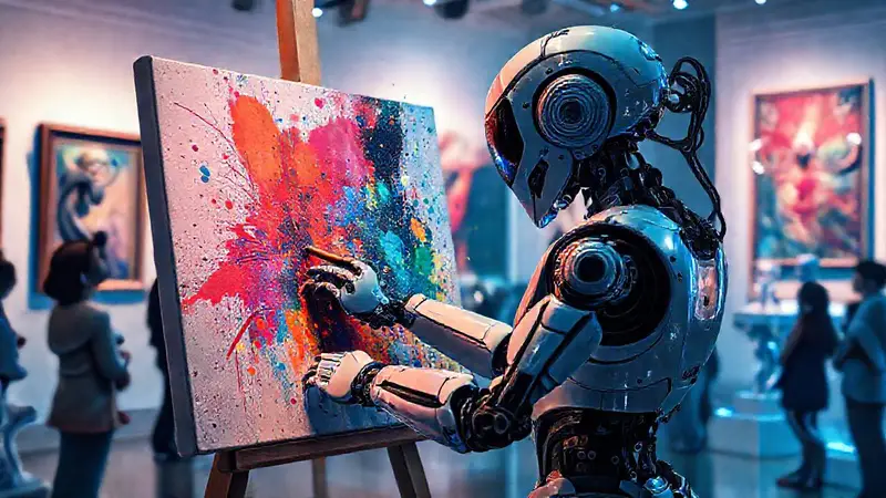 Robot artista crea en vibrante galería