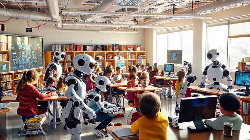 Aula futurista con robots y niños aprendiendo