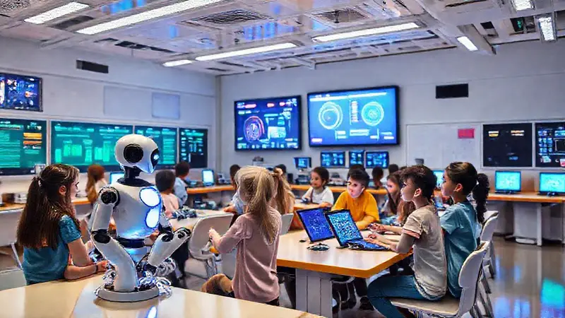 Aula futurista con estudiantes y robots interactivos