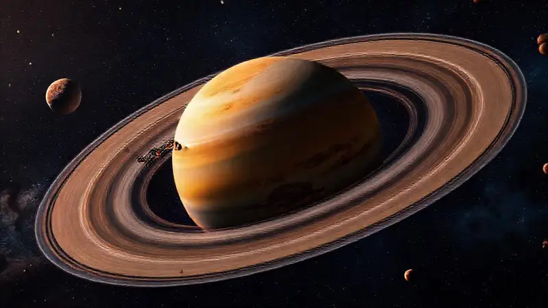 Saturno brillante con anillos y naves exploradoras