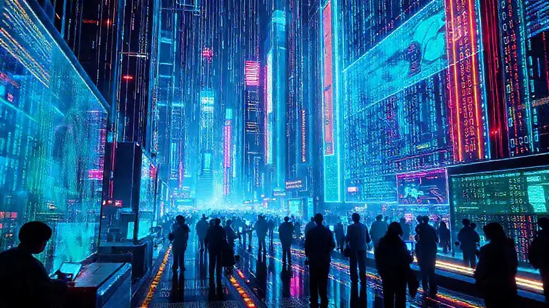 Ciudad digital futurista con neón y tecnología