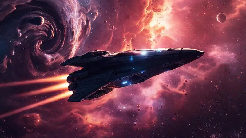 Nave espacial futurista explora un cielo estrellado