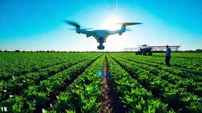 Dron sobre granja verde con innovaciones agrícolas
